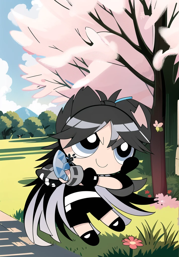 (long hair, gradient hair, black white hair), smile, chibi, 1girl, black eyes, gloves, jewelry, shorts, black shorts, asymmetrical gloves, big blossom tree background,