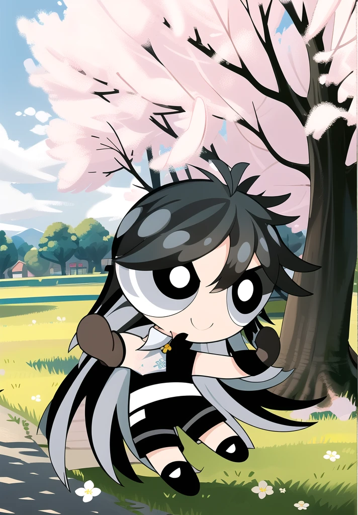 (long hair, gradient hair, black white hair), smile, chibi, 1girl, black eyes, gloves, jewelry, shorts, black shorts, asymmetrical gloves, big blossom tree background,