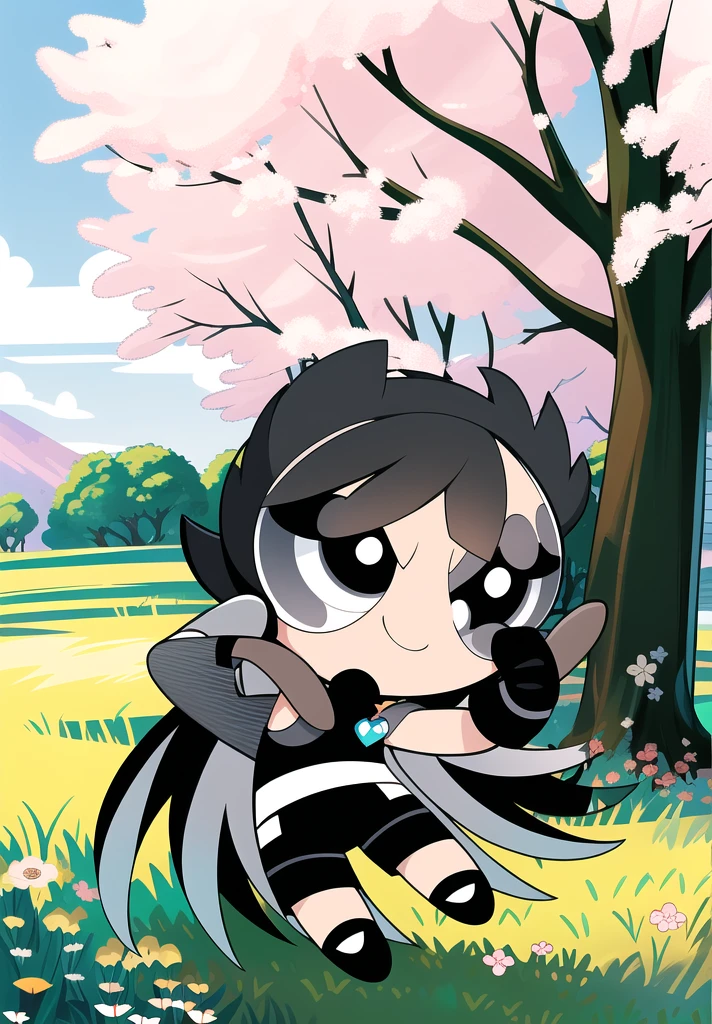 (long hair, gradient hair, black white hair), smile, chibi, 1girl, black eyes, gloves, jewelry, shorts, black shorts, asymmetrical gloves, big blossom tree background,