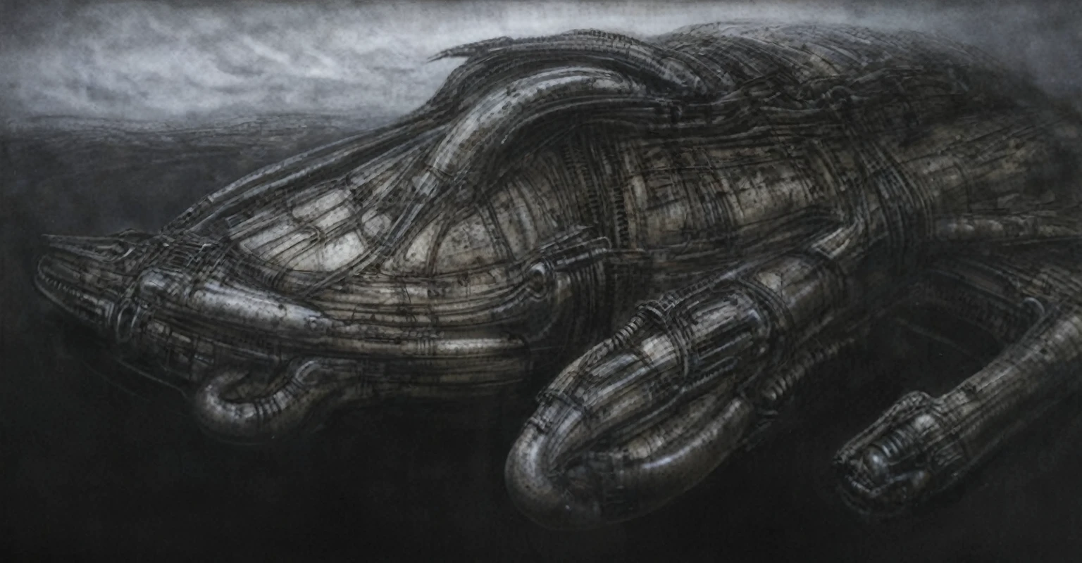 Create biomechanical tableau with some of the artistic techniques and compositional features used in /&quot;Necron IV/” by h r (Hans Rudie) giger:
 The image depicts a complex, sprawling city made of dark ivory, metal and wires. The city is densely packed with loops and twists, resembling a massive, intricate machine.
The painting is composed around a central focus of bone-like celestial formations and tectonic weathering structures with a phallic spine. This central form is the most detailed and brightly lit part of the painting, and it draws the viewer's eye in.The central focus is emphasized by the use of light and shadow. The light source is coming from the top left of the painting, and it casts a bright spotlight on the scene.
Biomorphic forms: The biomechanical forms in the painting are inspired by biological organisms, but they are also machine-like. These forms create a sense of unease and discomfort, as they blur the line between the natural and the artificial
. The image is highly detailed and intricate, uses, with transparent organs and bones exposed). The piece has a thick mechano-organic texture and is covered in fine details. The image has a swirling, organic quality to it. The artistic manner would be unmistakably Gigeresque. A dark and unsettling beauty would permeate the piece, blurring the lines between fascination and repulsion , forever haunted by the grotesque allure. Giger's signature artistic manner would be evident in every stroke. The airbrush would be wielded with masterful precision to create a hyperrealistic yet nightmarish aesthetic.,hrgiger,H.G. Giger Style, Biomechanics,HRGigerArhP style