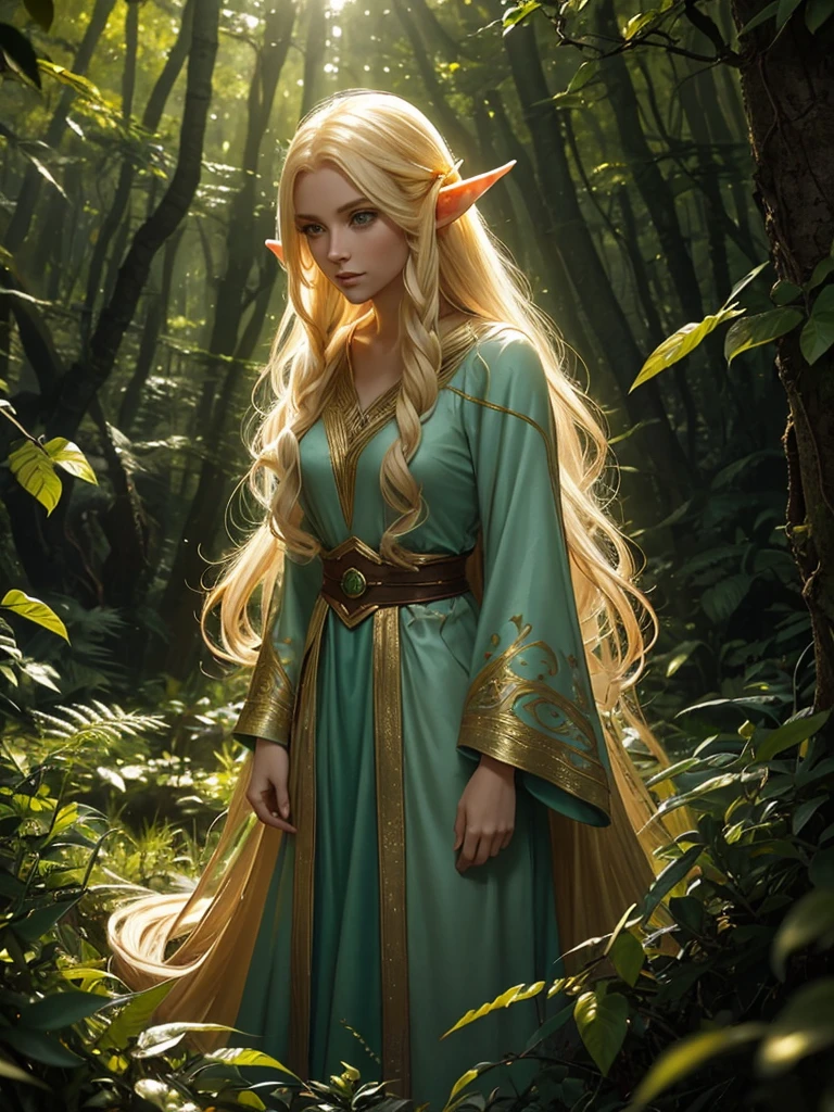 "Elf with a captivating look, unearthly beauty, flowing golden hair, pointed ears, dressed in elaborate elven attire, surrounded by a mystical forest, soft sunlight, breaking through lush greenery."