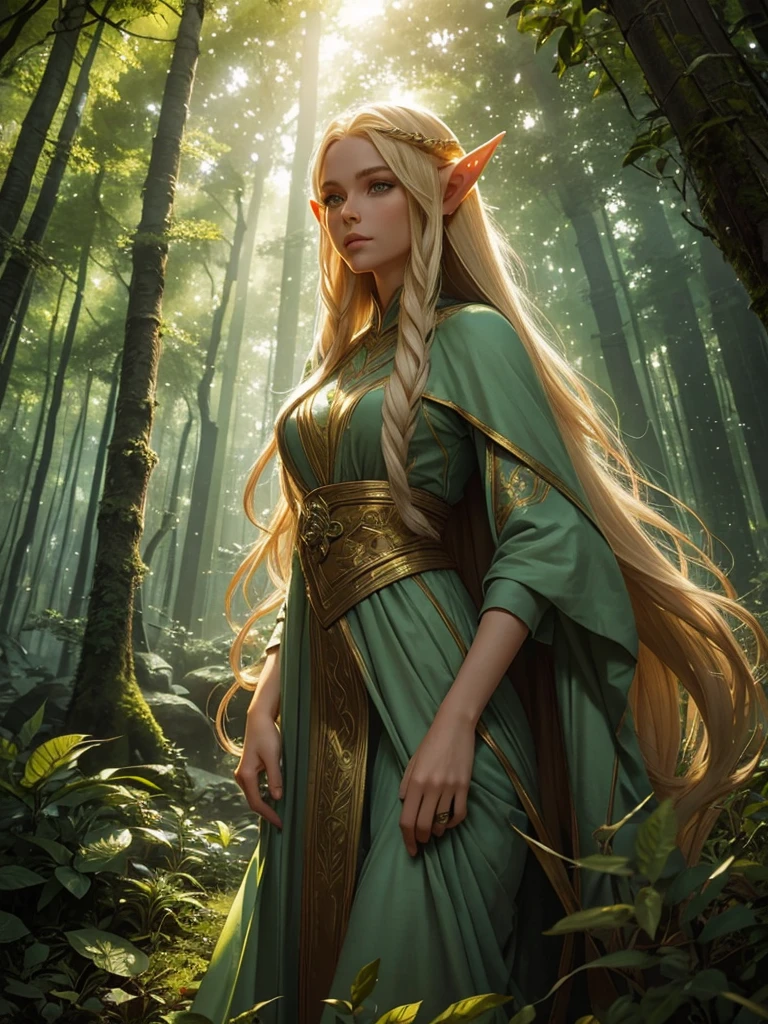 "Elf with a captivating look, unearthly beauty, flowing golden hair, pointed ears, dressed in elaborate elven attire, surrounded by a mystical forest, soft sunlight, breaking through lush greenery."