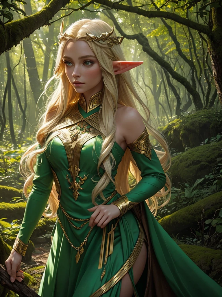 "Elf with a captivating look, unearthly beauty, flowing golden hair, pointed ears, dressed in elaborate elven attire, surrounded by a mystical forest, soft sunlight, breaking through lush greenery."
