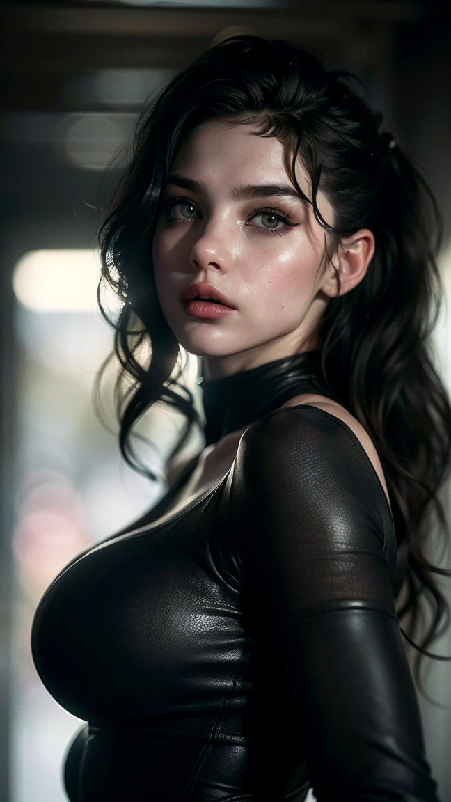 (((ultra realistic))) Photo, masterpiece, top quality, pale skin, (Ultra detailed face and eyes:1.2), 1 girl, gloomy atmosphere, Dark background, (Eye makeup, mascara) , ((Dark wavy hair)) , ((Stylish hairstyle)) , {Gigantic|Big|Huge|Mega} breasts, very big breasts, [[Slim waist, slender body]] . ((Posing)) , (body curves), In Lifchik, photoshoot, studio (Contour lighting), (The play of light and shadows), depth of field, bokeh, (special attention to skin detail: 1.2), Detailed leather texture, skin pores, ((Dark and gloomy atmosphere frame. color scheme - black, Gray, Ashen, Tons)), (Film grain, VHS effect), (shine) , ((rays)) , ((portrait, close to the camera)) , ultra detailed,