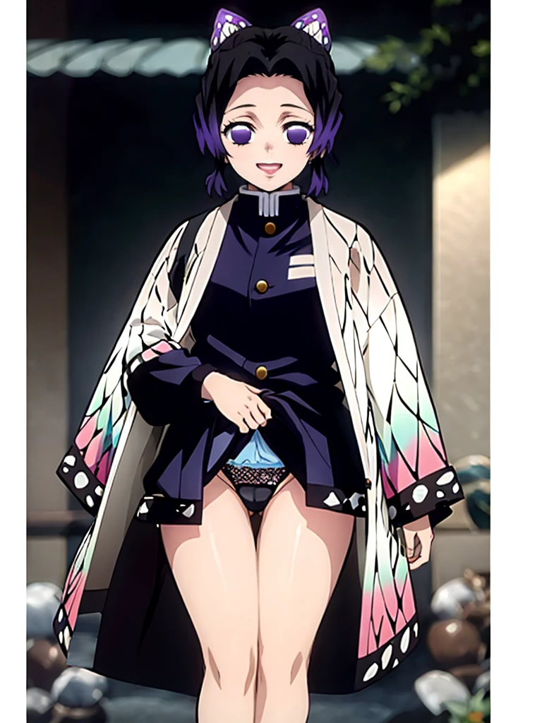 Kochou shinobu, 4k, absurd, high resolution, very high resolution, high definition, masterpiece, Short hair, purple hair, Separate bangs, Hair Adorno, Butterfly hair ornament, Purple eyes, Black Jacket, micro black thong, high-leg, cowboy shot, looking_at_viewer, :d