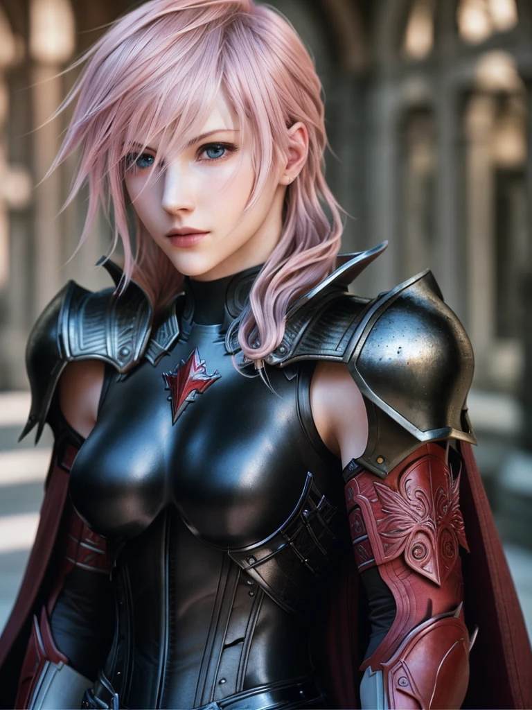 masterpiece, highest quality, RAW, analog style, A stunning portrait of a beautiful woman, pink hair, pale skin, vibrant blue eyes, wearing black and red armor, red cape, (highly detailed skin, skin details), sharp focus, 8k UHD, DSLR, high quality, film grain, Fujifilm XT3, frowning, intricate details, highly detailed, cluttered and detailed background