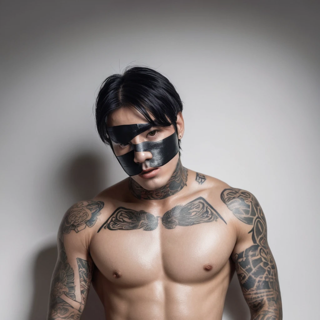 Create a completely naked guy with his face covered by bandages with straight and muscular black hair with tattoos on his chest lying down and sweaty