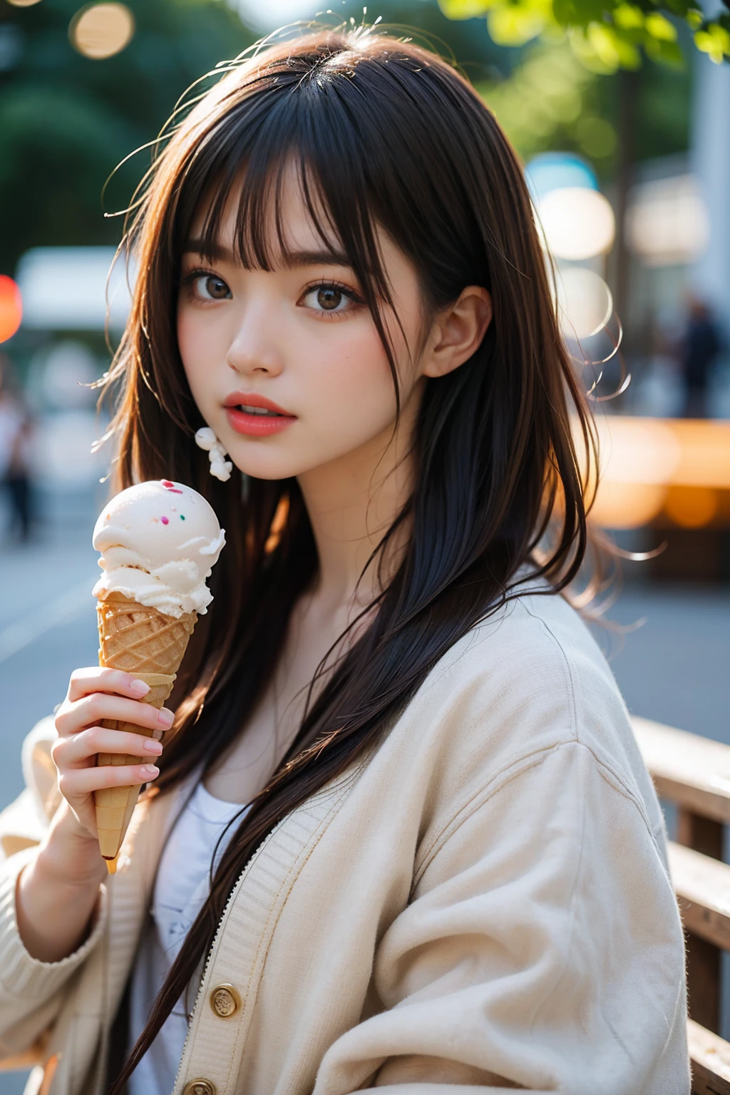 Japanese kawaii woman, ((licking ice cream)), ice cream cone, (holding ice cream cone: 1.4), mouth open, (tongue out: 1.3), short hair, natural makeup, melting ice cream, looking at me, brown hair, soft lips, teeth, Highly detailed CG integrated 8k wallpaper, high resolution, realistic photography, cinematic light, (best quality: 1.4), high quality, (((bokeh))), depth of field.