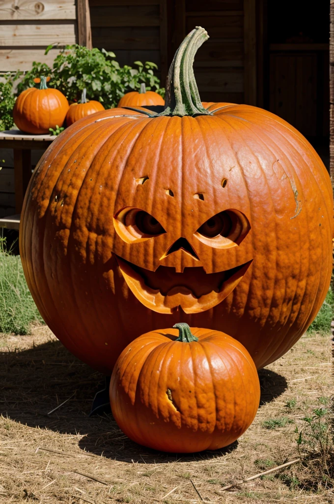 Tomato with a scared expression, rolling quickly to hide behind a large Pumpkin. The Pumpkin also has a nervous look.