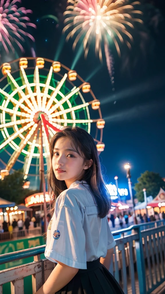 ((best quality)), ((masterpiece)), (detailed), 1girl, 16 years old, standing at the amusement park in front of the giant wheel or ferris wheel, and see the fireworks on the sky beautiful green and blue fireworks, night view, 8K UHD
