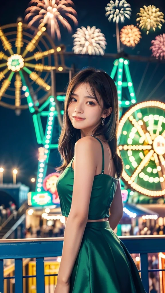 ((best quality)), ((masterpiece)), (detailed), 1girl, 16 years old, standing at the amusement park in front of the giant wheel or ferris wheel, and see the fireworks on the sky beautiful green and blue fireworks, night view, 8K UHD