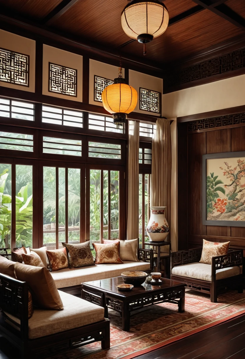 A cozy, traditional living room with an elegant Asian aesthetic. The room features large windows with dark wooden frames, intricately patterned tile flooring, and a comfortable sofa with plush cushions, The interior is warmly lit by a standing lamp, highlighting the rich textures and detailed décor. The walls showcase beautiful artwork and wooden paneling, creating a harmonious and inviting atmosphere. ((8k)), high quality detail, soothing and cozy ambiance, traditional Asian interior design, ((8k)), ((UHD)), 8k, high quality detail, realistic photo, luxurious, beautiful, modern, soothing, cozy, peaceful, cottagecore