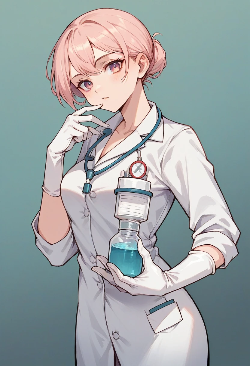 1girl, light hair, ((white elbow gloves)), ((surgical gloves)), ((latex gloves)), ((long sleeves)) ((pink surgeon outfit)), looking at viewer, ((doctor)), standing, solo