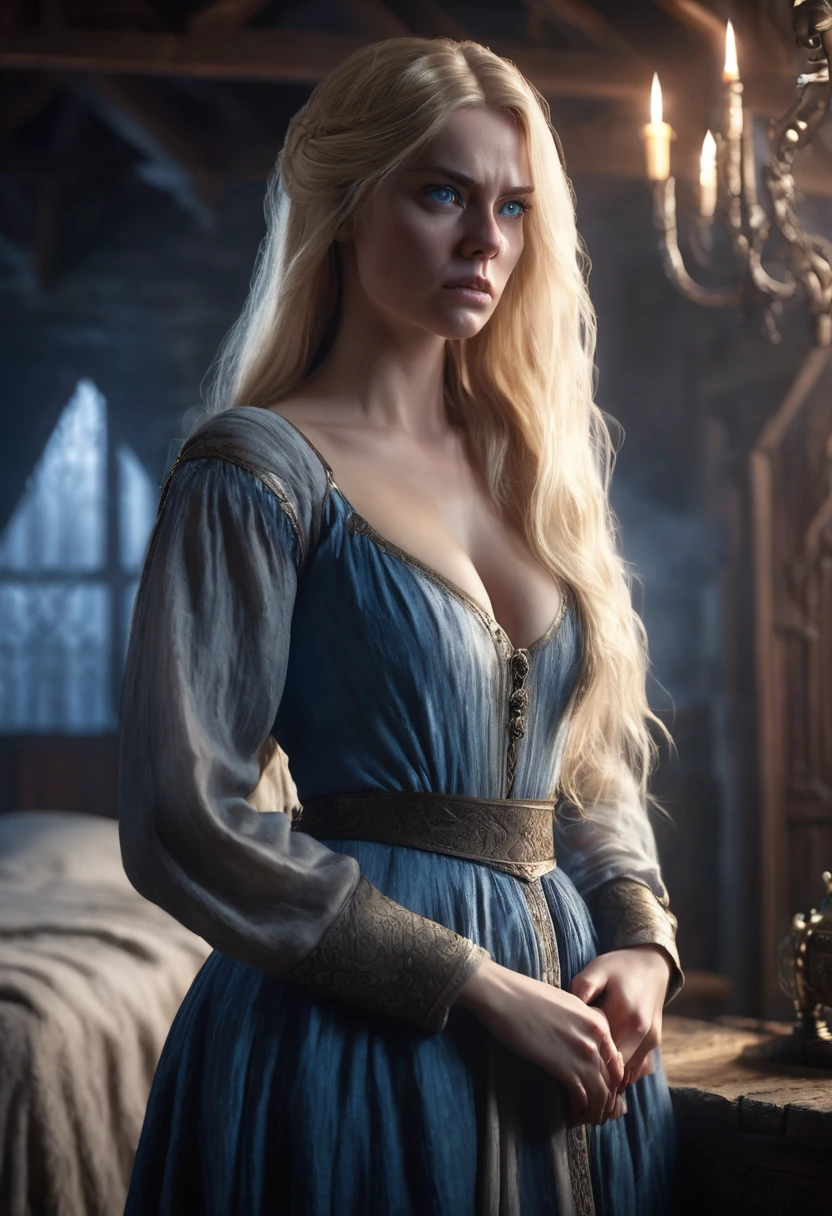 1 woman, medieval bedroom background, wearing sensual dress with low neckline, detailed facial features, beautiful blue eyes, detailed light colored skin, detailed long blonde hair, angry expression, dramatic lighting, cinematic composition, cold and dark color palette, atmospheric fog, (best quality,4K,8K,high resolution,Artwork:1.2),ultra-detailed,(realistic,photorealistic,photo-realistic:1.37)