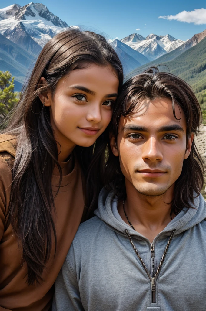Ribeka name young girl and isak name young boy 5000 years ago meet each other, background mountain and cameles, ribeka covered her face