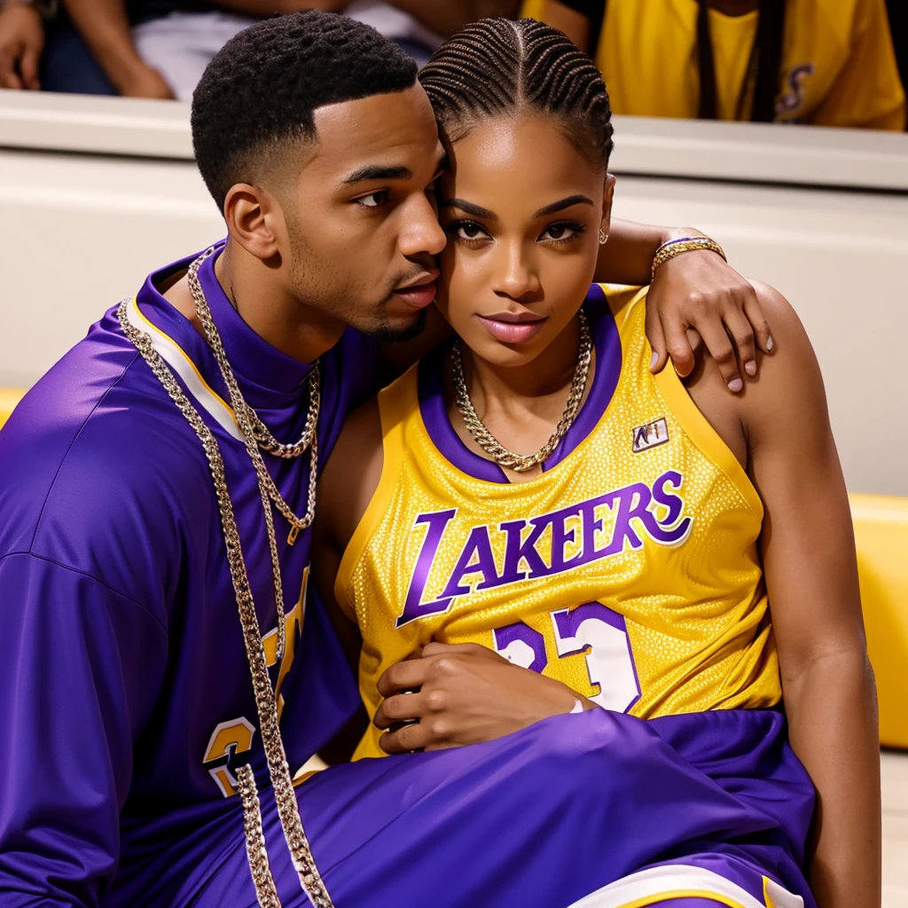 Brownskin fem and lightskin stud hugging and kissing each other wearing matching laker jerseys,wearing silver iced out cuban chain