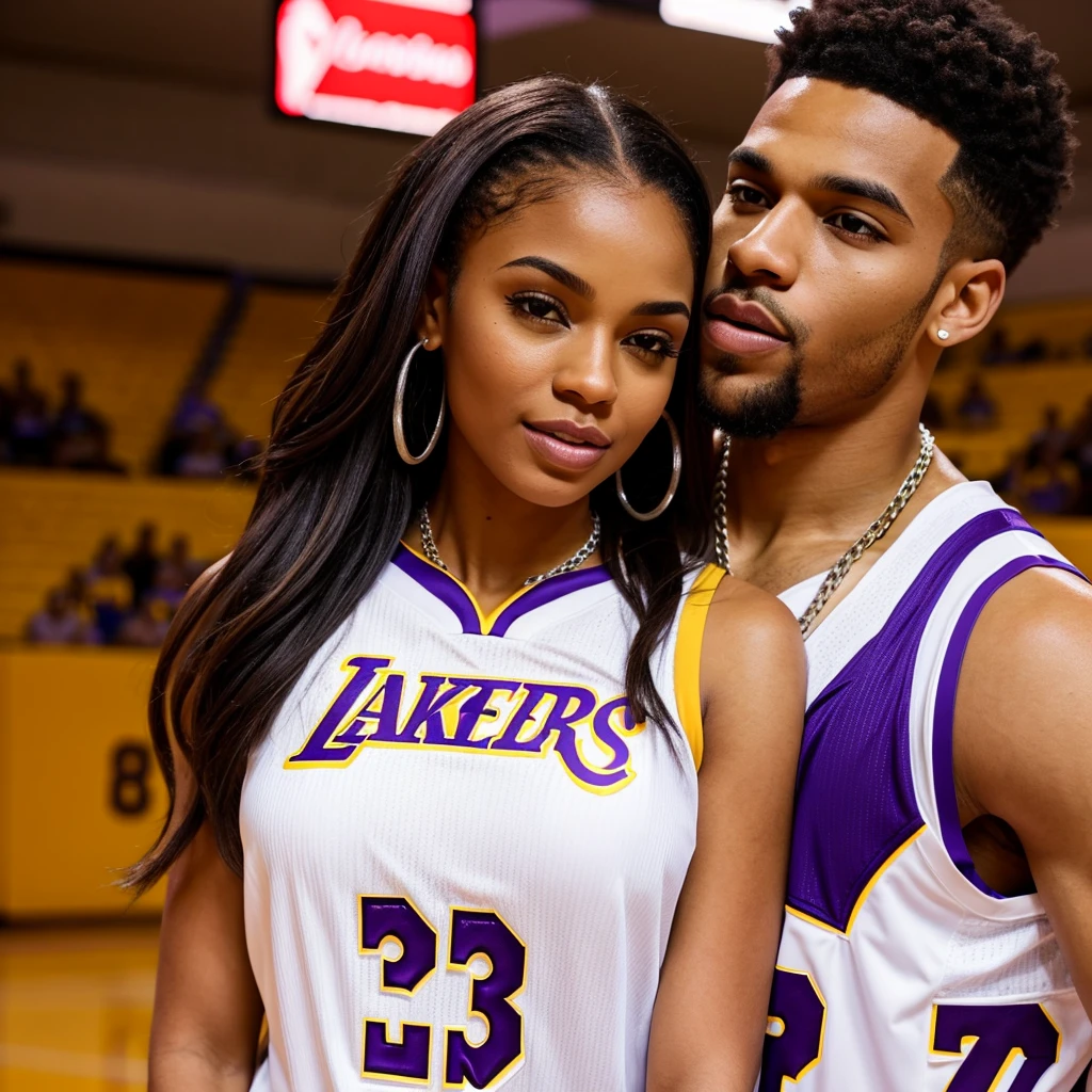 Brownskin fem and lightskin stud hugging and kissing each other wearing matching laker jerseys,wearing silver iced out cuban chain