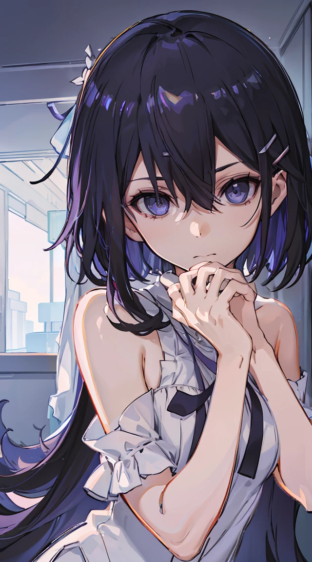 Beth,,Expose the private part,Sexual turn,Long black hair,Big ,Purple eye,tmasterpiece,best qualtiy,ultra - detailed,illustratio,epic lighting,cinematic compositions,isometry,1girl,独奏,adolable,black color hair,red hair clips,formal,a captivating gaze,captivating posture,inside in room,office room,doors,Open the door,looking at viewert,peeking out upper body,Be red in the face,seduct ,Shut your mouth,(8K:1.1),hand,Disdainful look,Disgusted expression,比基尼,Underwear,White tights,Nude