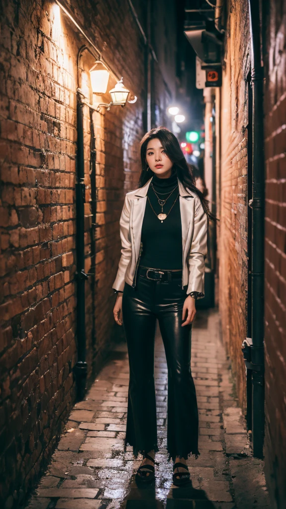 ((Best Quality, 8K, Masterpiece)), 1girl,  Long black and shiny hair, long necklace, Neon shirt, Torn leg pants, Open jacket, Open-collared turtleneck sweater, Against the wall, brick walls, dim murky lights, alley, looking at viewer