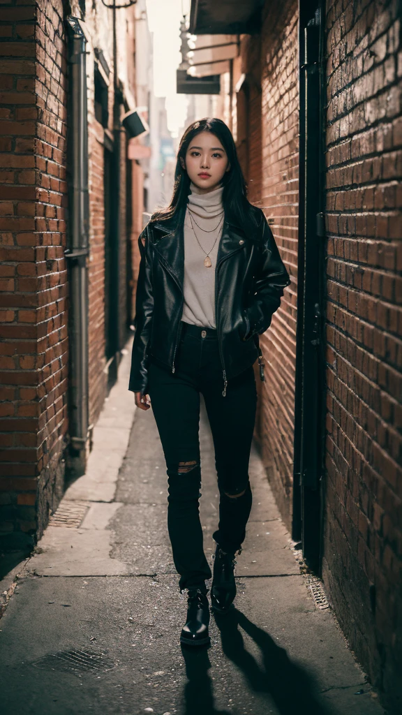 ((Best Quality, 8K, Masterpiece)), 1girl, Long black and shiny hair, long necklace, Neon shirt, Torn leg pants, Open jacket, Open-collared turtleneck sweater, Against the wall, brick walls, dim murky lights, alley, looking at viewer