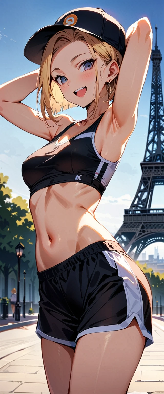(masterpiece, best quality:1.2), solo, Android 18 from Dragon Ball, ((crop sport bra)), (short dolphin shorts), small breasts, short blonde hair loose, ((black eyes)), earrings on earlobes, slender feminine figure, narrow waistline, skinny body, (plane black cap), (cap without logo), sky, head tilt, looking at viewer, light blush, shot from behind, looking back, back view, beautiful armpits, arms up, walking, the Eiffel Tower, outside, natural lighting and shadows, magnificent view, blur background, 4K, open mouth, smile, portrait,