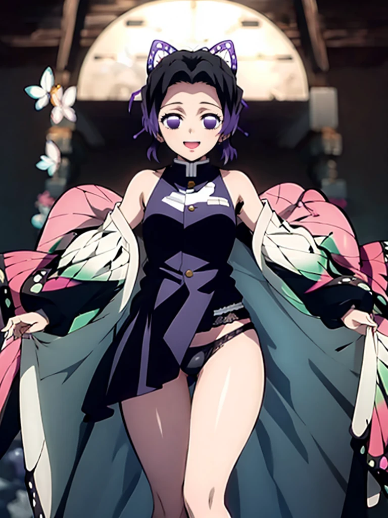 Kochou shinobu, 4k, absurd, high resolution, very high resolution, high definition, masterpiece, Short hair, purple hair, Separate bangs, Hair Adorno, Butterfly hair ornament, Purple eyes, Black Jacket, sleeveless, micro black thong, high-leg, cowboy shot, looking_at_viewer, :d