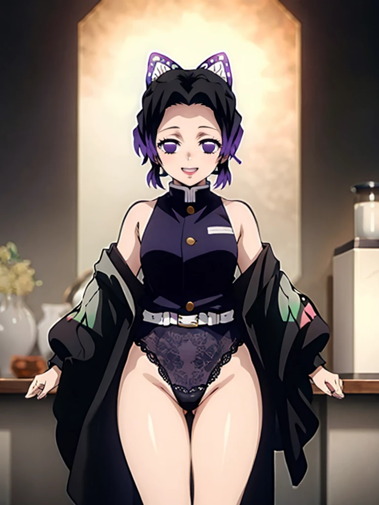 Kochou shinobu, 4k, absurd, high resolution, very high resolution, high definition, masterpiece, Short hair, purple hair, Separate bangs, Hair Adorno, Butterfly hair ornament, Purple eyes, Black Jacket, sleeveless, micro black thong, high-leg, cowboy shot, looking_at_viewer, :d