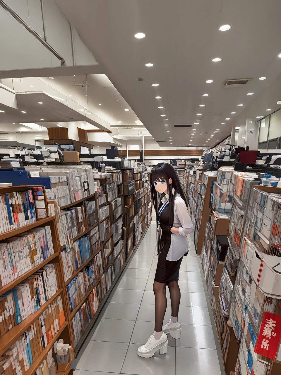 (Highest qualityのイラスト:1.2), (Black Haired Beautiful Girl:1.1), (1 girl、17 years old、Highest qualityのイラスト:1.2), (1 girl、Kind eyes、blue eyes:1.2)、((Black Hair:1.2))、Semi-long hair、(Highest quality、Very detailed、cute、Ultra-high resolution) 、Larger breasts、office lady, {white business shirt, Navy blue pencil skirt、 pantyhose}, Front facing、smile、ID card hanging around neck、Salute