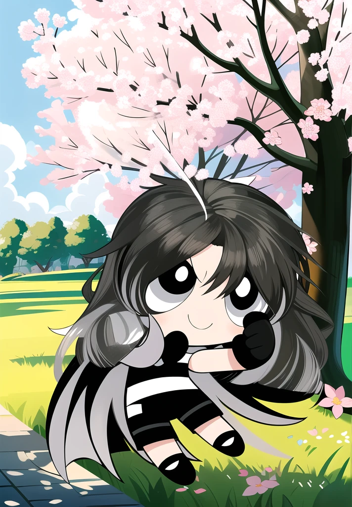 (long hair, gradient hair, black white hair), smile, chibi, 1girl, black eyes, gloves, jewelry, shorts, black shorts, asymmetrical gloves, big blossom tree background,
