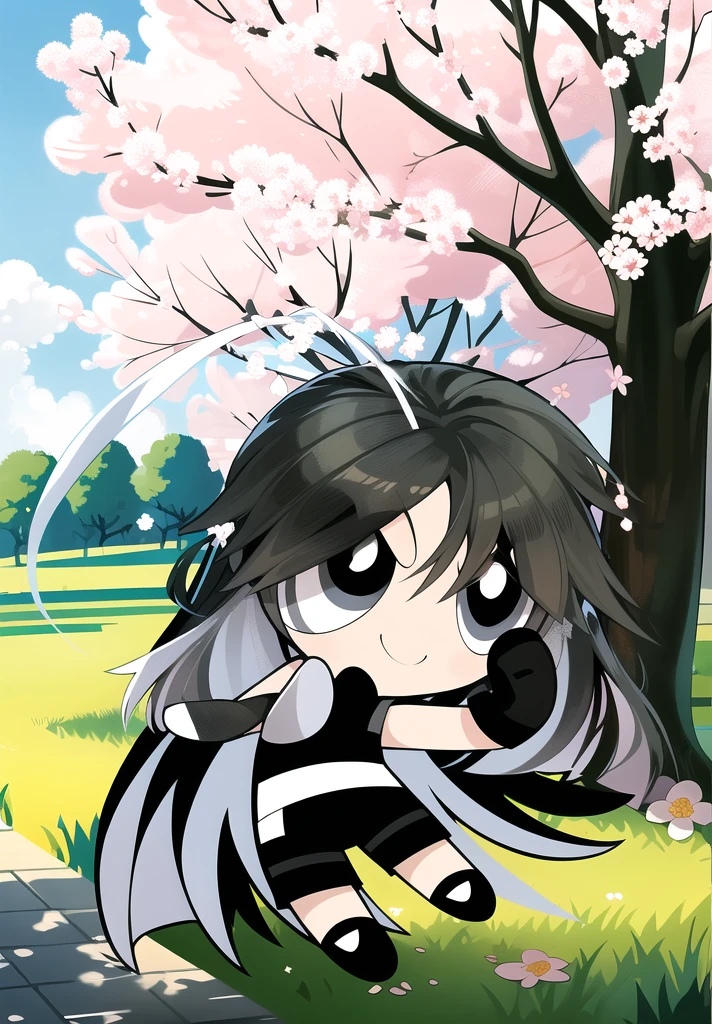 (long hair, gradient hair, black white hair), smile, chibi, 1girl, black eyes, gloves, jewelry, shorts, black shorts, asymmetrical gloves, big blossom tree background,