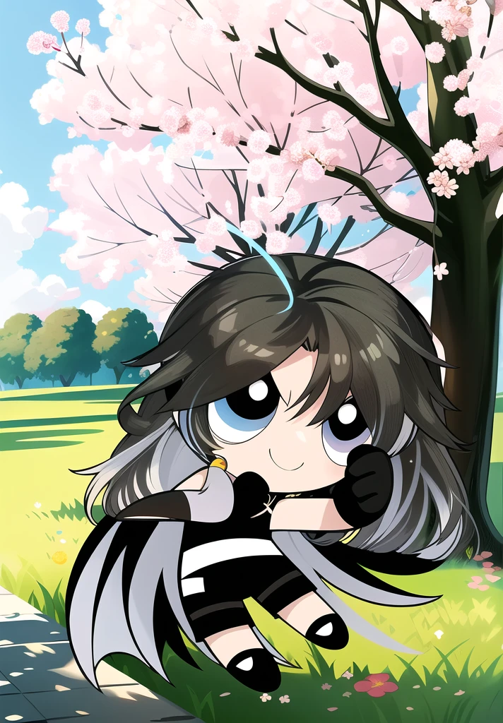 (long hair, gradient hair, black white hair), smile, chibi, 1girl,  black eyes, gloves, jewelry, shorts, black shorts, asymmetrical gloves, big blossom tree background,