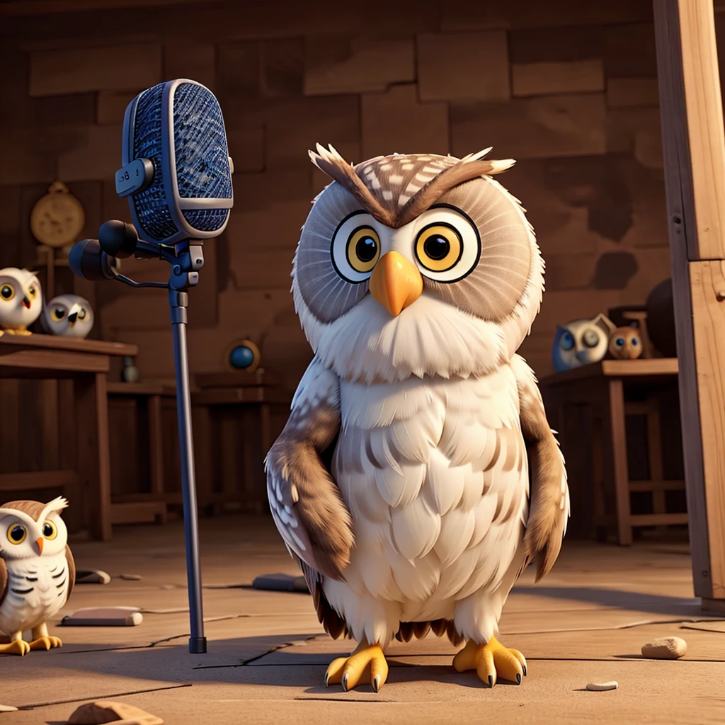 owl holding a microphone and giving speeches to other animals nearby