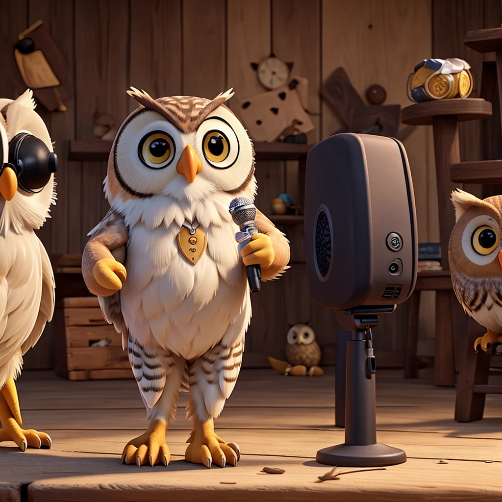 owl holding a microphone and giving speeches to other animals nearby