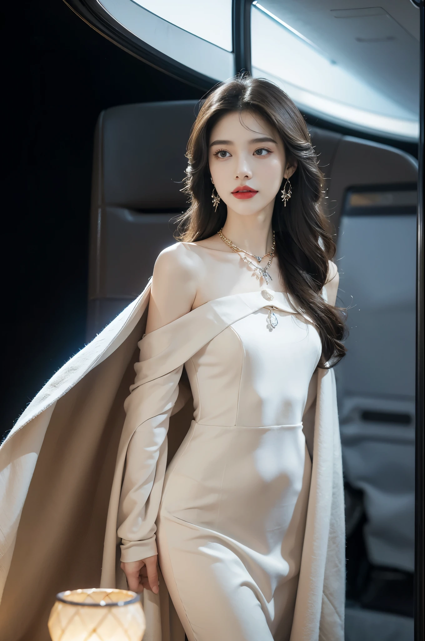 (((best quality))),(((ultra detailed))),(((masterpiece))),illustration,(a beautiful girl,female passenger,solo),(parted red lips),((slim,thin,small breasts,flat chest)),((earrings,crystal necklace)),(slender legs:1.2),summer night,((in airplane,economy class,indoor)),(blanket over shoulders:1.3),((dress)),(shoulder length straight bob hair:1.2),stars,moonlight,smooth flight,engine sound,lullaby,relaxed,excited,laughing,visiting family,comfortable seats,soft fabric,headrests,adjustable,beauty of night sky,dimmed lights,sleeping passengers,movies,personal screens,staying awake,magic of sky,joy of being with family,memorable journey,adventures,(surrounded by crowded crowds:1.3),(Outside the window is high-altitude night view:1.2),((standing,from front,full body)),(arms behind back:1.3)