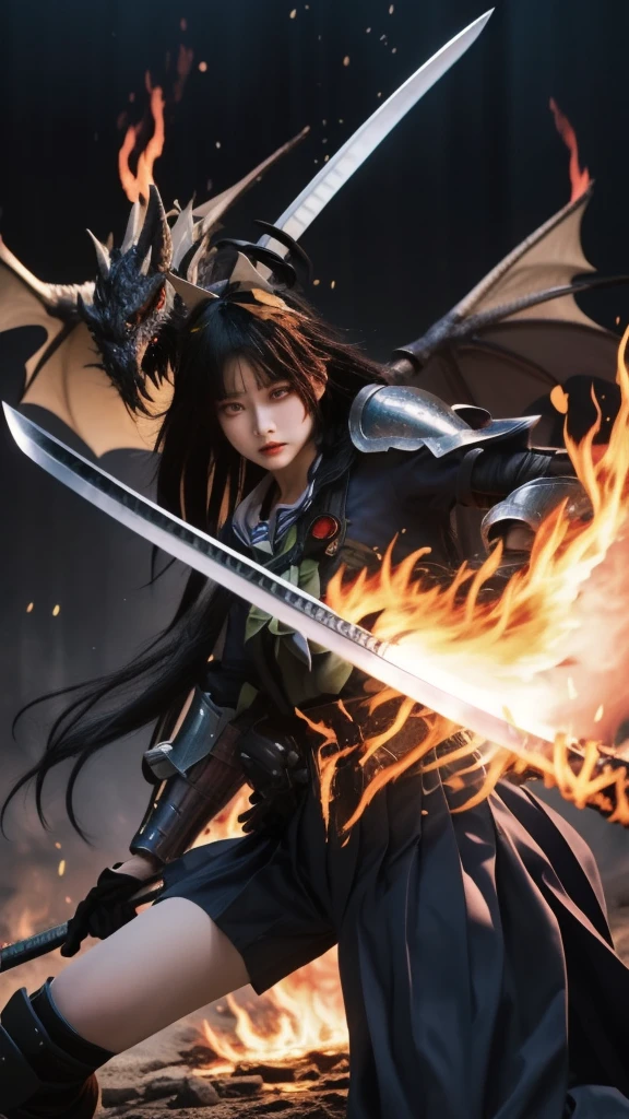 women With strong armor.
holding a long, drawn katana.
a huge dragon is seen spewing fierce flames.
dramatic background of fantasy warfare, dim light, flaming fire effect.