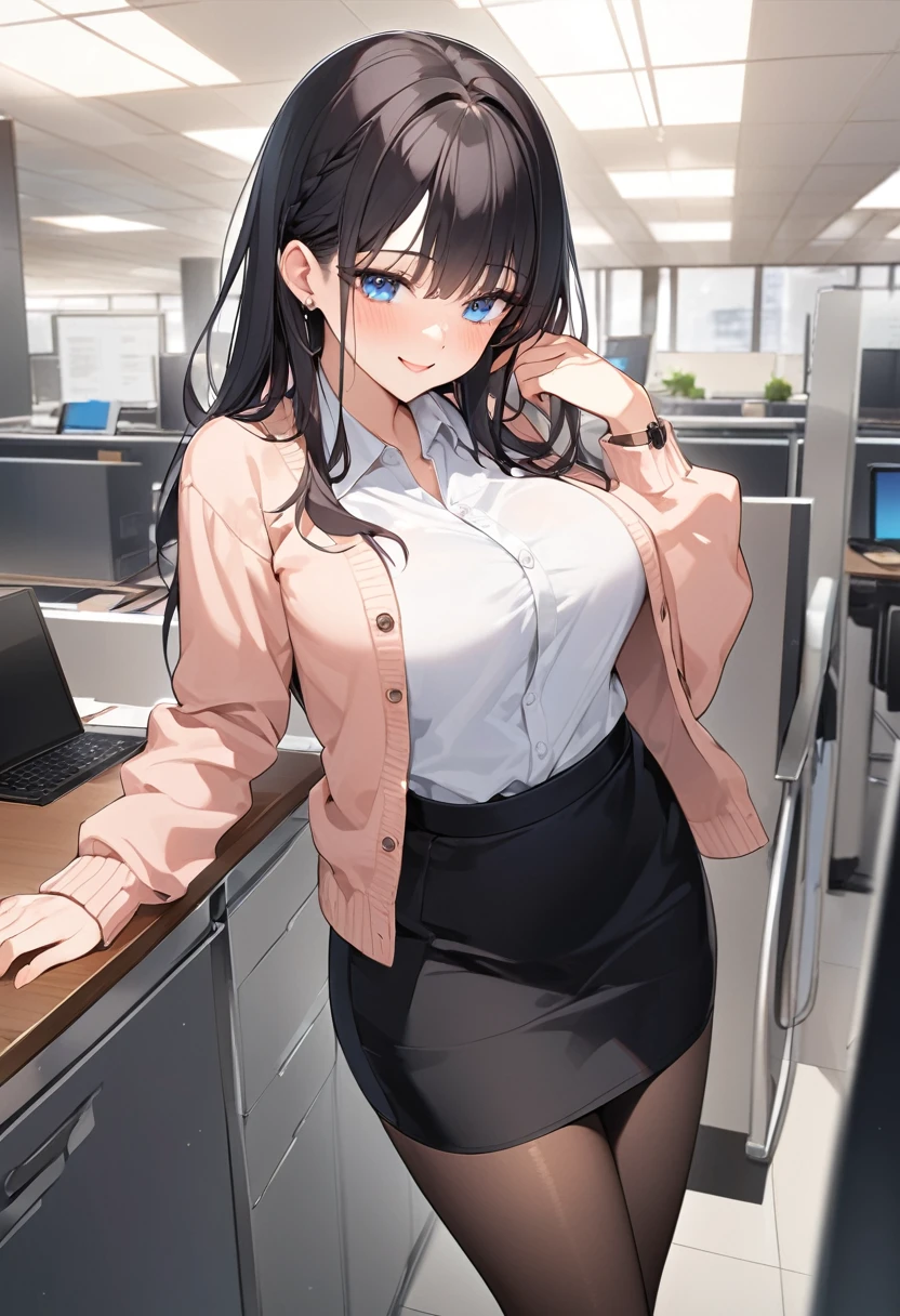 (Highest qualityのイラスト:1.2), (Black Hairの美少女:1.1), (1 girl、、Highest qualityのイラスト:1.2), (1 girl、Kind eyes、blue eyes:1.2)、((Black Hair:1.2))、Semi-long hair、(Highest quality、Very detailed、cute、Ultra-high resolution) 、Larger breasts、office lady, {white business shirt, Black pencil skirt、cardigan、 pantyhose}, Front facing、smile、