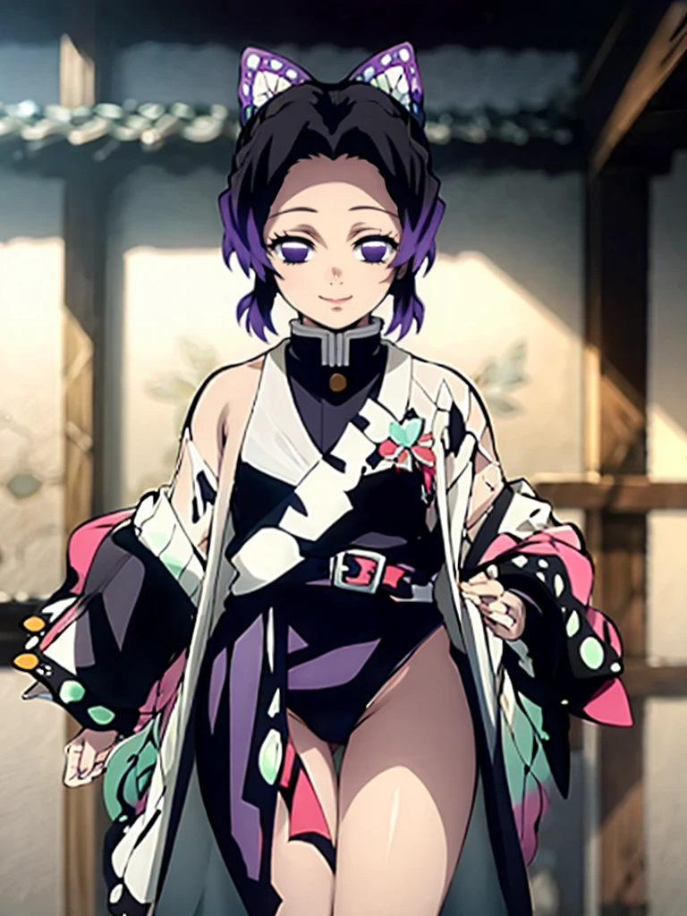 Kochou shinobu, 4k, absurd, high resolution, very high resolution, high definition, masterpiece, Short hair, purple hair, Separate bangs, Hair Adorno, Butterfly hair ornament, Purple eyes, Black Jacket, sleeveless, micro black thong, high-leg, cowboy shot, looking_at_viewer, lite smile, closed mouth