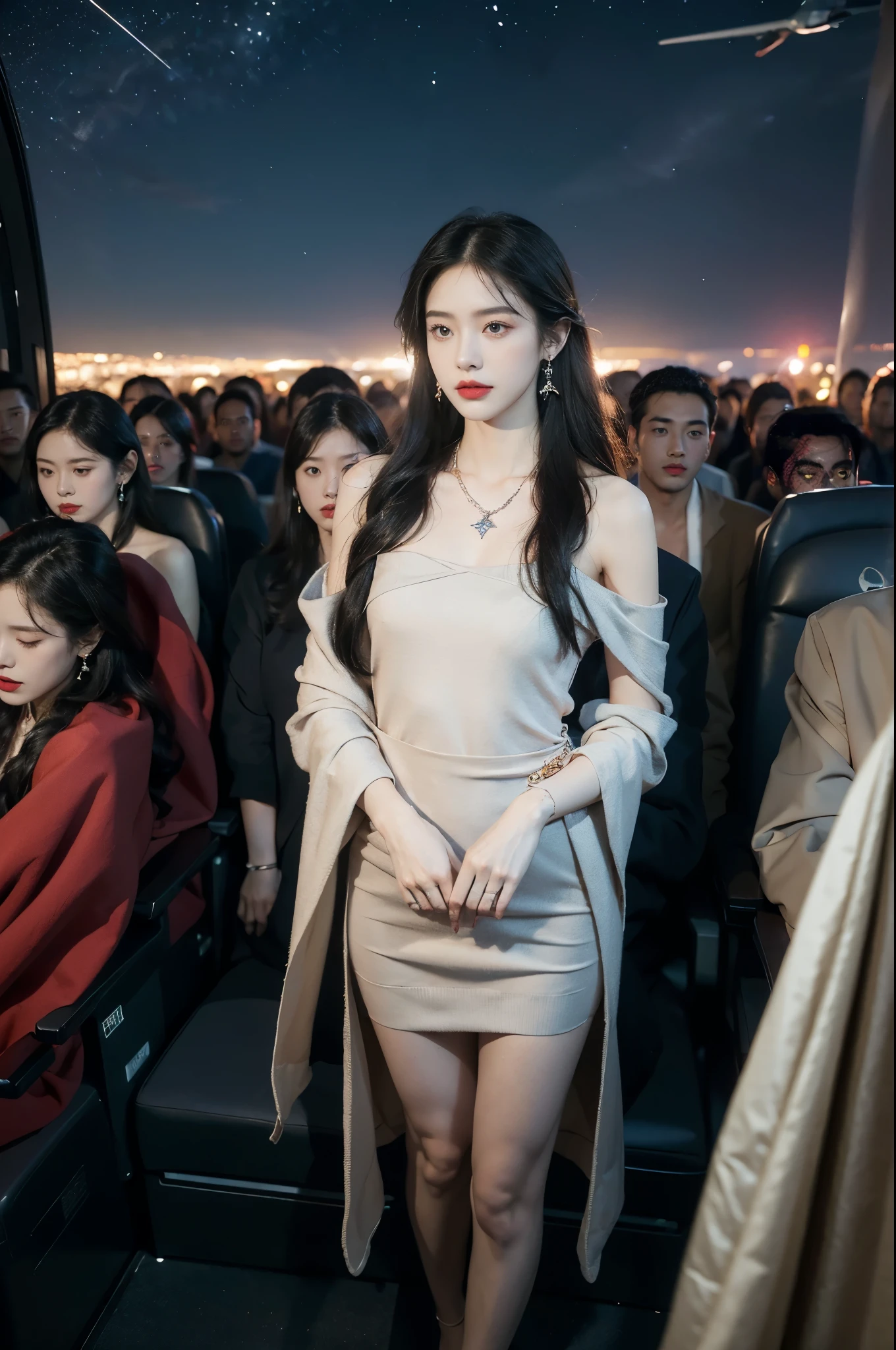 (((best quality))),(((ultra detailed))),(((masterpiece))),illustration,(a beautiful girl,female passenger,solo),(parted red lips),((slim,thin,small breasts,flat chest)),((earrings,crystal necklace)),(slender legs:1.2),summer night,((in airplane,economy class,indoor)),(blanket over shoulders:1.3),((dress)),(shoulder length straight bob hair:1.2),stars,moonlight,smooth flight,engine sound,lullaby,relaxed,excited,laughing,visiting family,comfortable seats,soft fabric,headrests,adjustable,beauty of night sky,dimmed lights,sleeping passengers,movies,personal screens,staying awake,magic of sky,joy of being with family,memorable journey,adventures,(surrounded by crowded crowds:1.3),(Outside the window is high-altitude night view:1.2),((standing,from front,full body)),(arms behind back:1.3)