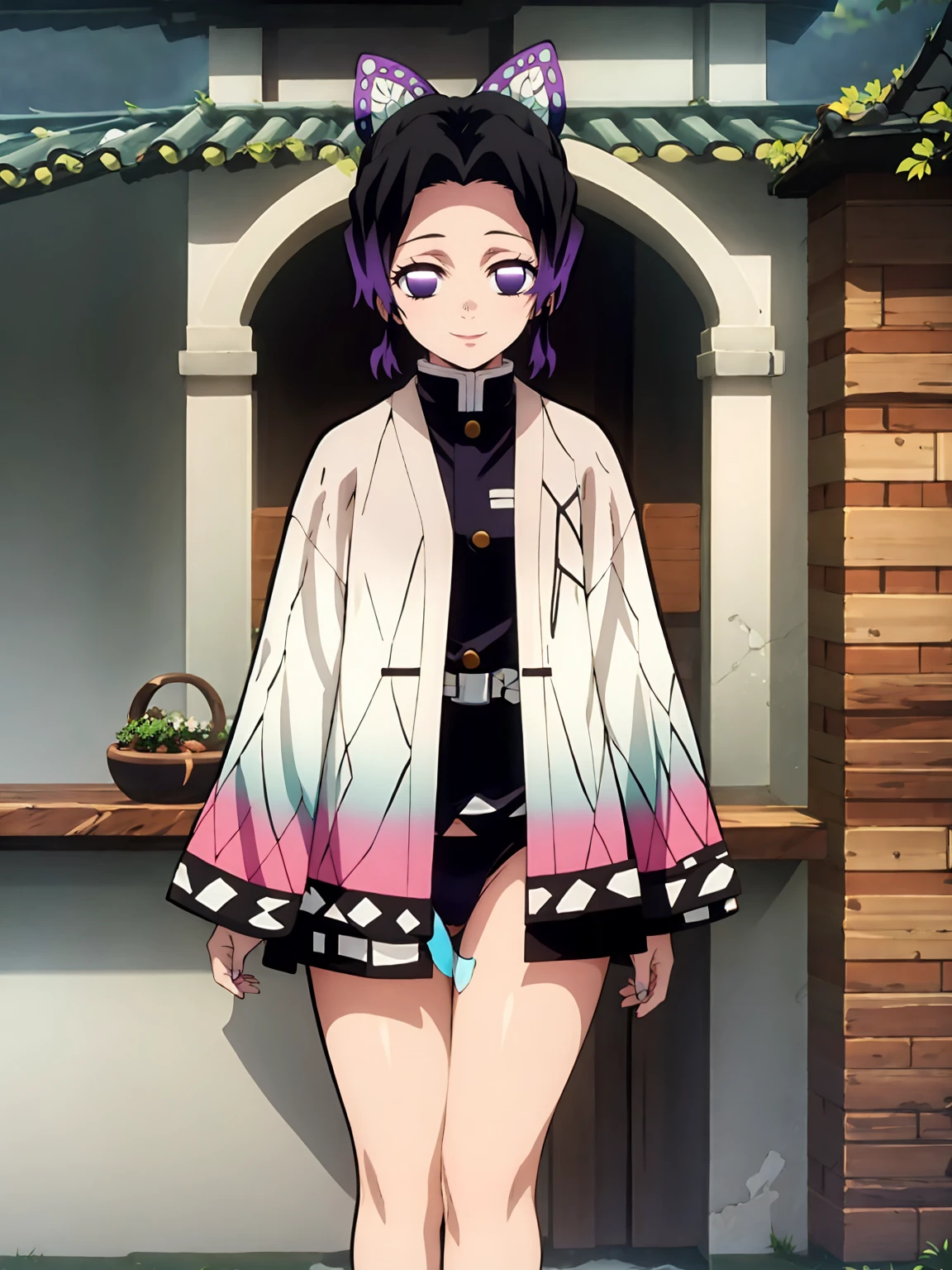 Kochou shinobu, 4k, absurd, high resolution, very high resolution, high definition, masterpiece, Short hair, purple hair, Separate bangs, Hair Adorno, Butterfly hair ornament, Purple eyes, Black Jacket, sleeveless, micro black thong, high-leg, cowboy shot, looking_at_viewer, lite smile, closed mouth