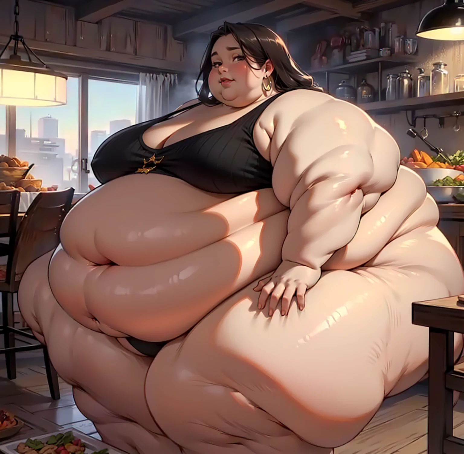 (masterpiece, detailed, realistic:1.2), high aesthetic, beautiful young woman, USSBBW, (morbidly obese, fatblob:1.3), rich, shy expression, surrounded by food, expensive jewelry
