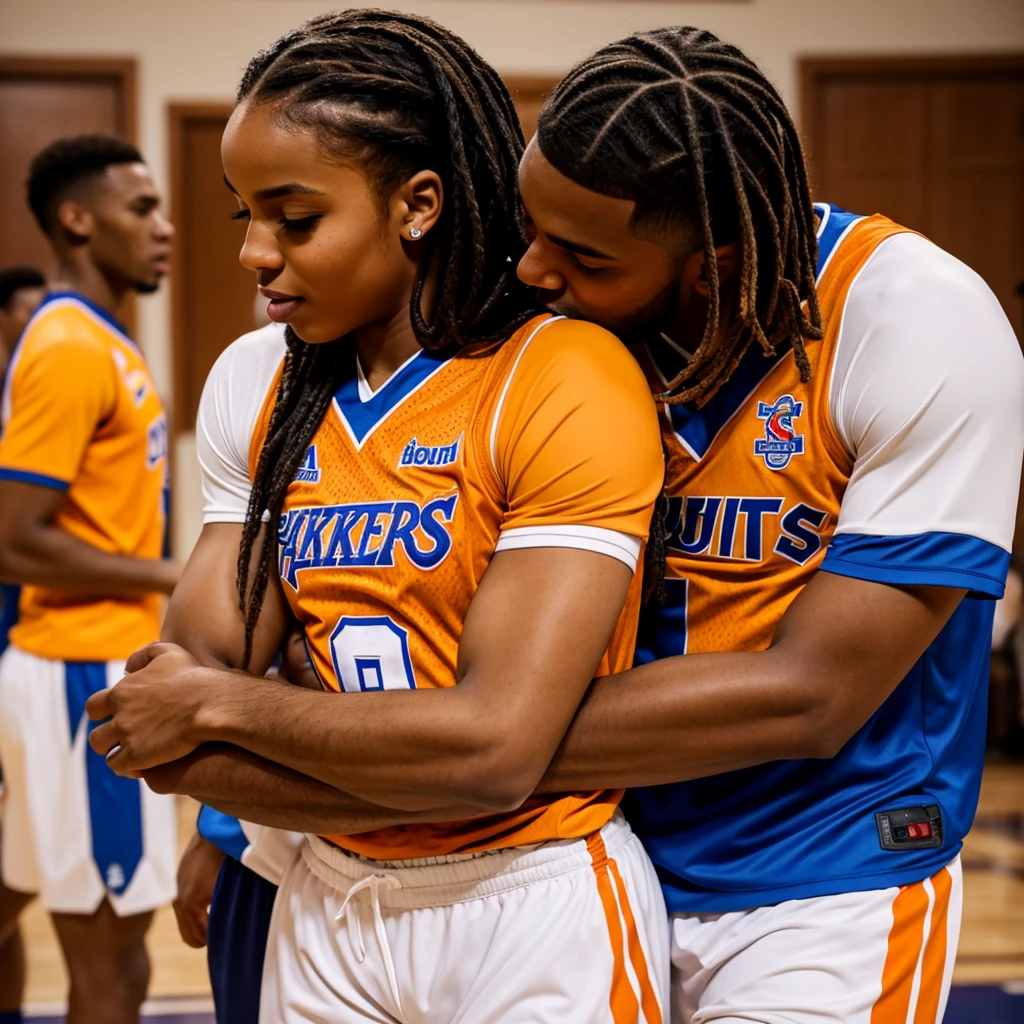 Stud and female hugging and kissing each other wearing matching jerseys 