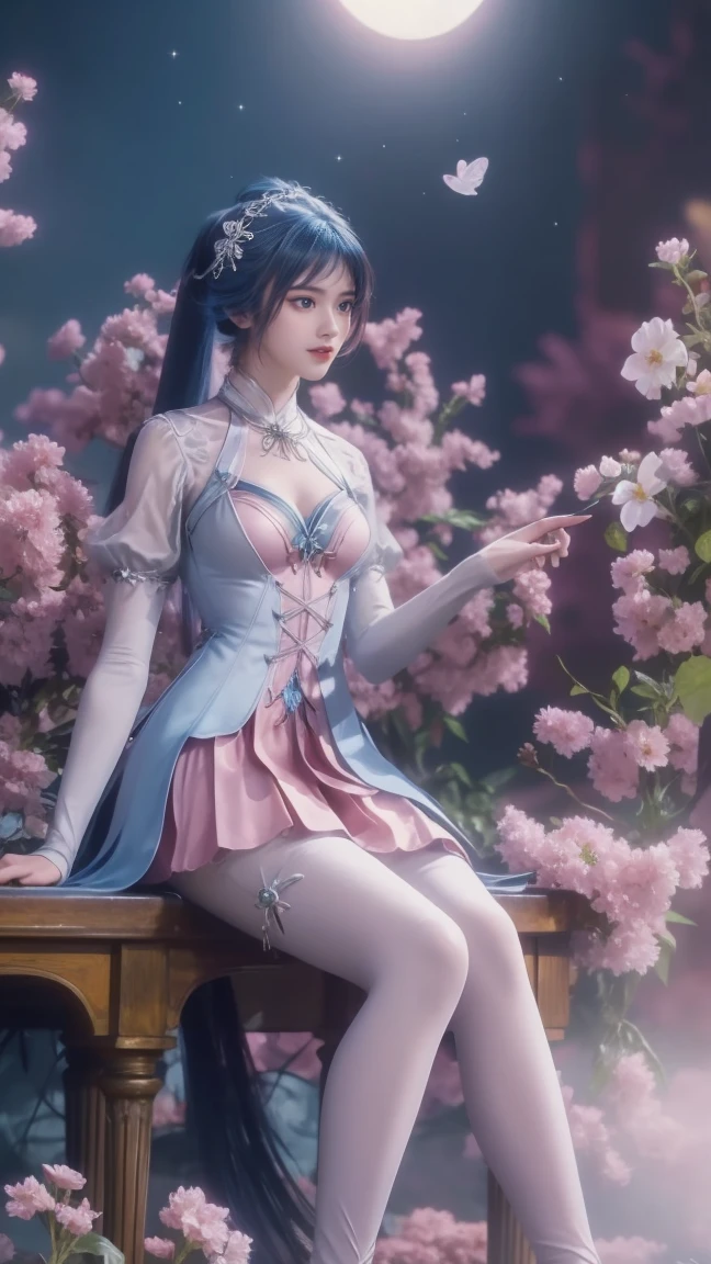 1girl, girl with long blue hair, smiling, cheerful, girl is sitting among a wide expanse of flowers, surrounded by beautiful flowers, Calm and peaceful atmosphere, night, moonlight , Beautiful glowing butterflies surround the girl lighting up the darkness of the night, magic,Romantic, the night breeze blows the Sepoi Sepoi girl's hair,