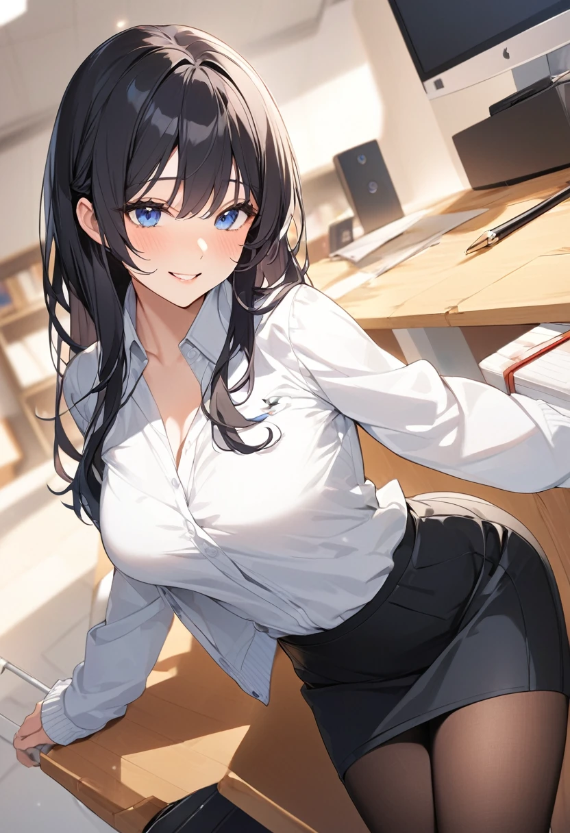 (Highest qualityのイラスト:1.2), (Black Hairの美少女:1.1), (1 girl、17 years old、Highest qualityのイラスト:1.2), (1 girl、Kind eyes、blue eyes:1.2)、((Black Hair:1.2))、Semi-long hair、(Highest quality、Very detailed、cute、Ultra-high resolution) 、Larger breasts、office lady, {white business shirt, Black pencil skirt、cardigan、 pantyhose}, Front facing、smile、
