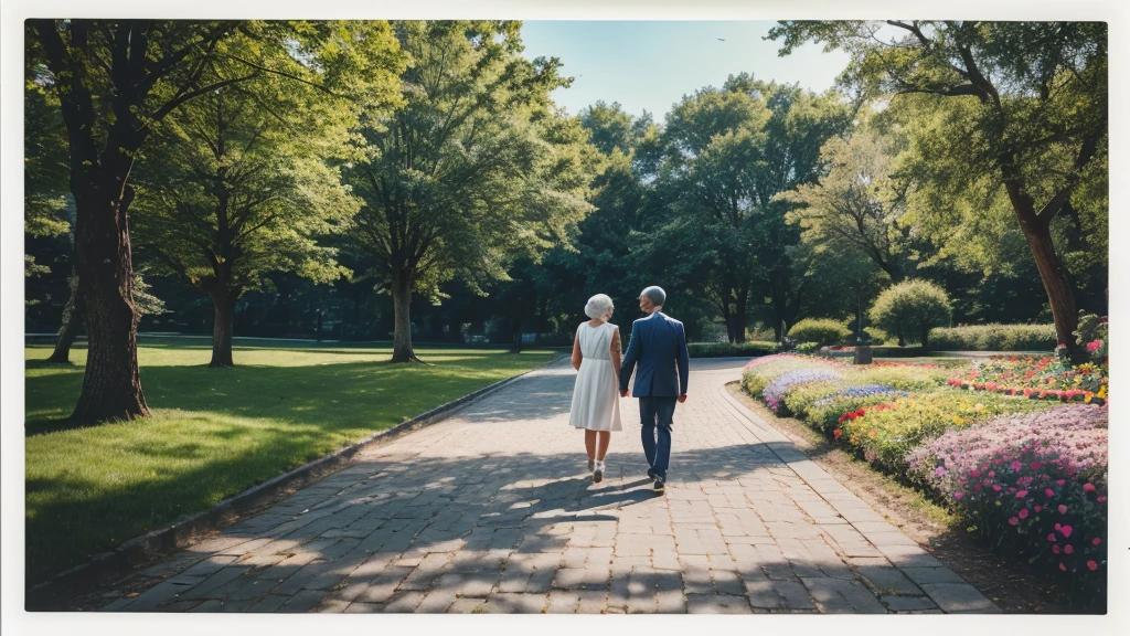 A high-resolution image showing an elderly couple from behind. Extreme happy, modern, healthy, thin, tall, beautiful elderly couple of People of Color in their 70s walking together through a beautiful green park on a path, both are wearing complete colorful clothes, camera shows the couple from behind, sun is shining bright, ton of colorful beautiful flowers along the path, there is a lot of pollen in the air that shines beautiful in the light of the sun, happy atmosphere, couple is in the centre of the picture, masterpiece, aperture f 2.5, ultra-realistic, polaroid photo