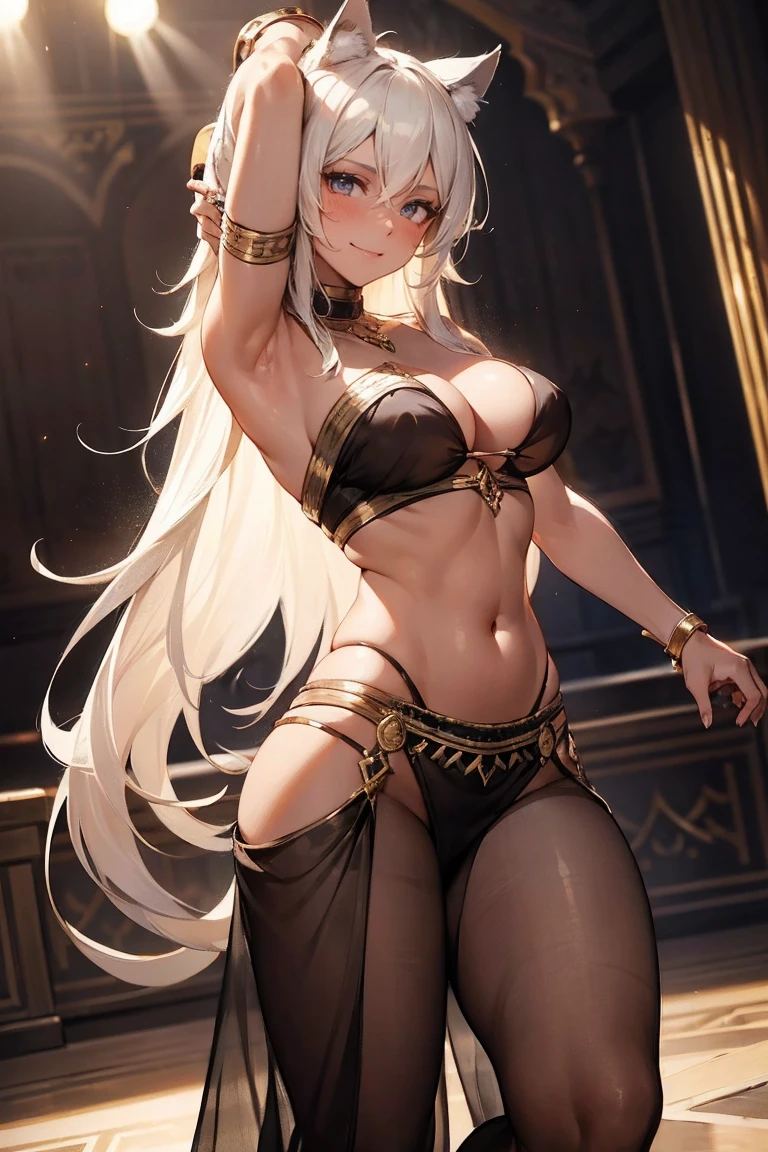 (masterpiece), best quality, highly detailed faces, (SHARP details), 4k, highly detailed, expressive eyes, SHARP detail expressive eyes, (SHARP detail perfect face), ((female gladiator)), ((dark skin)), (cat ears), (cat tail), ((platinum blonde hair)), (slave collar) amber eyes, long hair, tomboy, (mature woman), ((huge breasts)), smiling, ((bellydancer)), (((dancing))), (oriental ((slutty belly dancer outfit)), (see-through silk), (rich arabic interior), oriental harem, ((seductive dancing)), motion lines, hip sway, audience, (surrounded by people), (draped silk top),