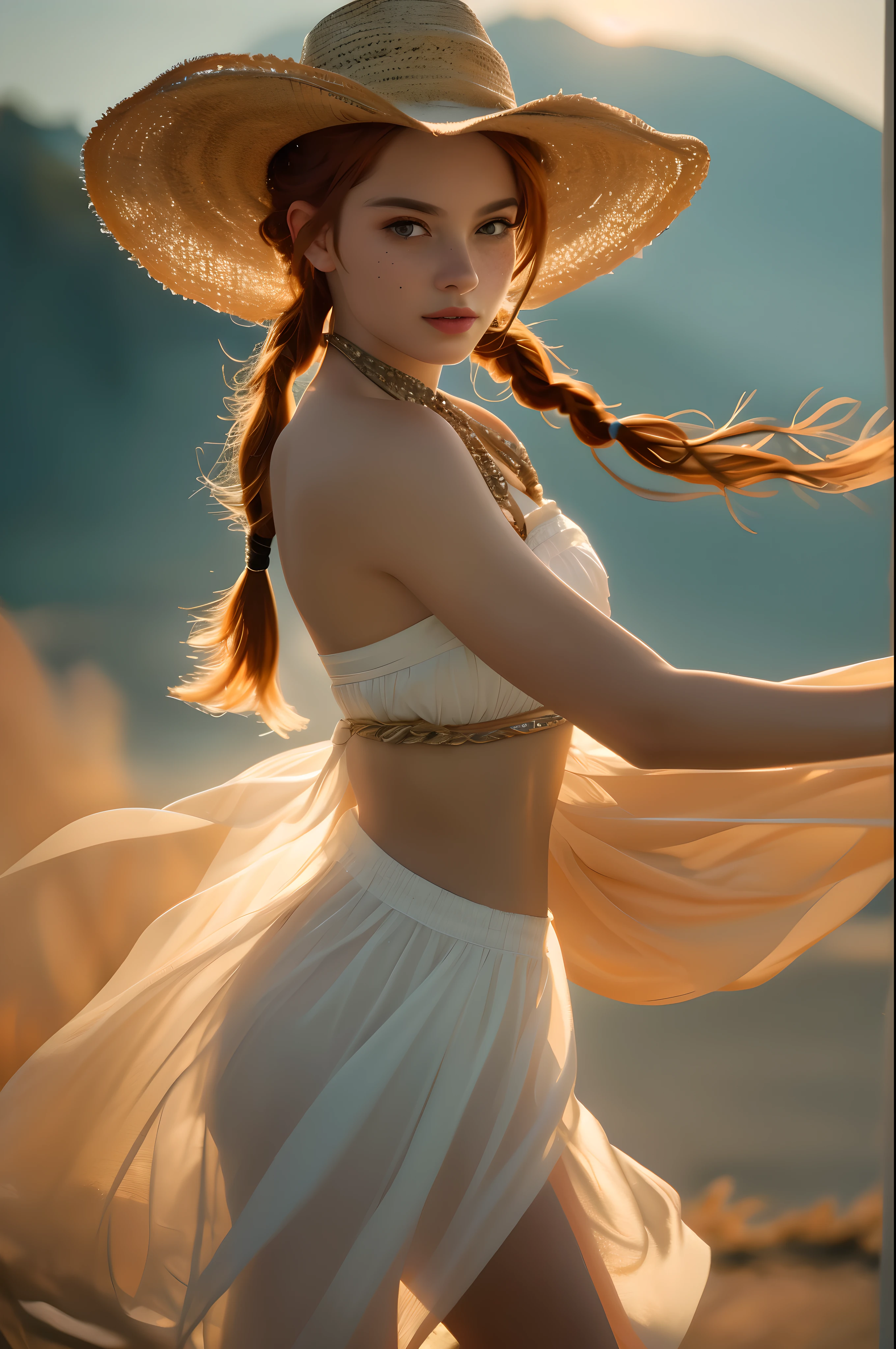 Create a breathtaking 16K resolution masterpiece with intricate and extremely detailed photorealism, capturing the essence of a beauty shot. The image should appear as if it was taken with a Fujifilm X-T4 camera using a soft focus filter, inspired by the style of Anne Brigman. | The subject is a stunning 20-year-old American supermodel beauty, with red hair, a sexy freckles, and ultra-realistic skin, eye, and hair textures. Her face should exhibit attractive proportions following the golden ratio, with clear double eyelids, big eyes, and delicately glossed pale lips. | She is dressed in stylish cowboy attire, including a cowboy hat and a blazer, standing in a serene, empty ranch. She is grinning and exuding confidence, with a dynamic and exciting pose that captures her dancing and moving boldly. The soft lighting adds a serene and artistic touch to the scene. | Capture her entire body in a perfect pose, looking dreamily into the distance, emphasizing her perfect fingers, legs, and hands. The composition should highlight her as a fashion model with an artistic body, radiating beauty and grace. | Rendered in ultra-high definition with UHD and retina quality, this masterpiece ensures anatomical correctness and textured skin with super detail. With a focus on high quality and accuracy, this award-winning portrayal captures every nuance in stunning 16k resolution, immersing viewers in its lifelike depiction. | ((braided twin tails hairstyle):1.1), ((cowboy hat):1.1), ((fancy handgloves):1.1) | (((anatomical correctness))), (((perfect_fingers))), (((perfect_legs))), (((perfect_hands))), ((perfect_composition, perfect_design, perfect_layout, perfect_detail, ultra_detailed)), ((enhance_all, fix_everything)), More Detail, Enhance.