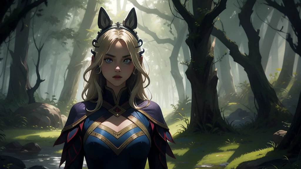 "Elf with a captivating look, unearthly beauty, flowing golden hair, pointed ears, dressed in elaborate elven attire, surrounded by a mystical forest, soft sunlight, breaking through lush greenery."