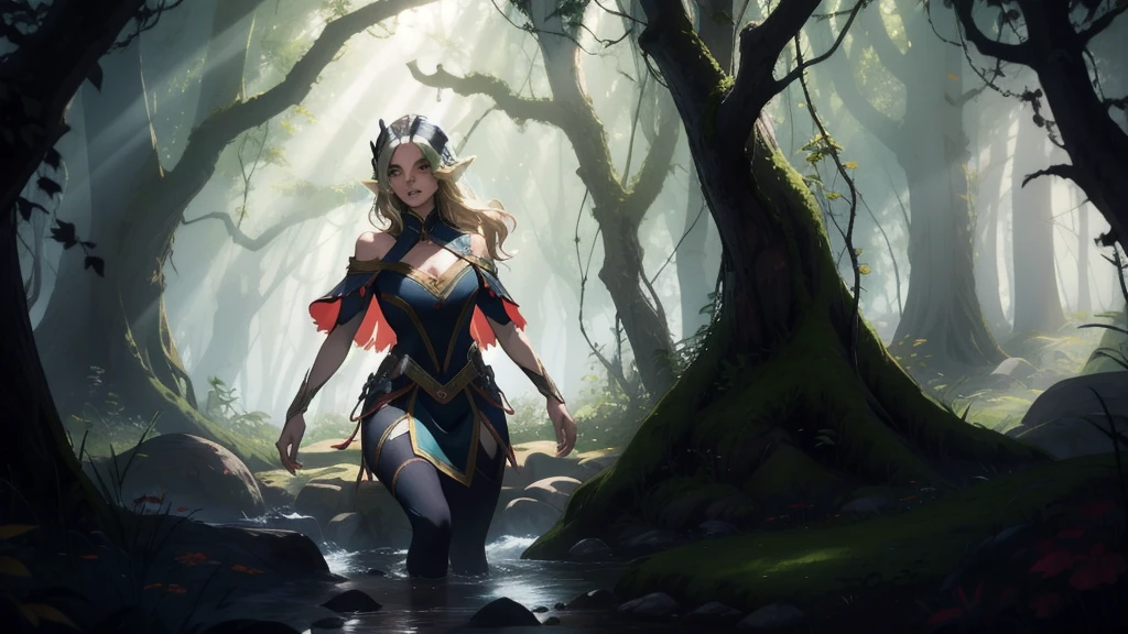 "Elf with a captivating look, unearthly beauty, flowing golden hair, pointed ears, dressed in elaborate elven attire, surrounded by a mystical forest, soft sunlight, breaking through lush greenery."