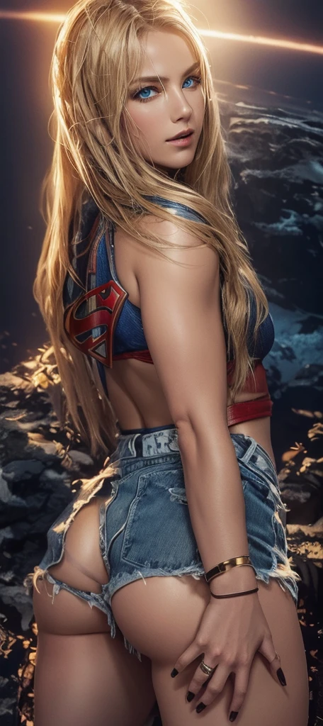 The character Supergirl, extremely beautiful face, perfect red and blue costume, traditional "S" on the back, denim style, extremely beautiful blue eyes, perfect blond hair, smooth curves, perfect hands and fingers 