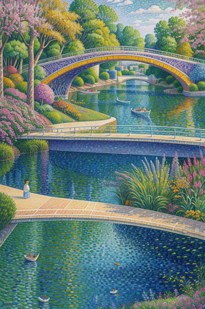 a colorful vibrant painting of a river with a bridge in the background, painting by Paul Signac